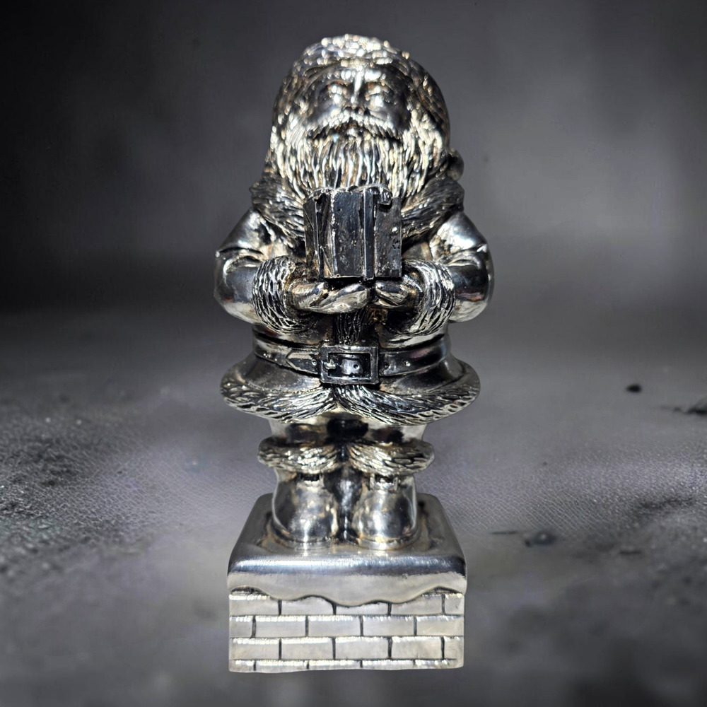 Silver Metal Santa Claus Figurine Holding Gift Brick Base 3D Metallic Finish